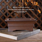 Brown rectangular pot with exterior and interior measurement labels