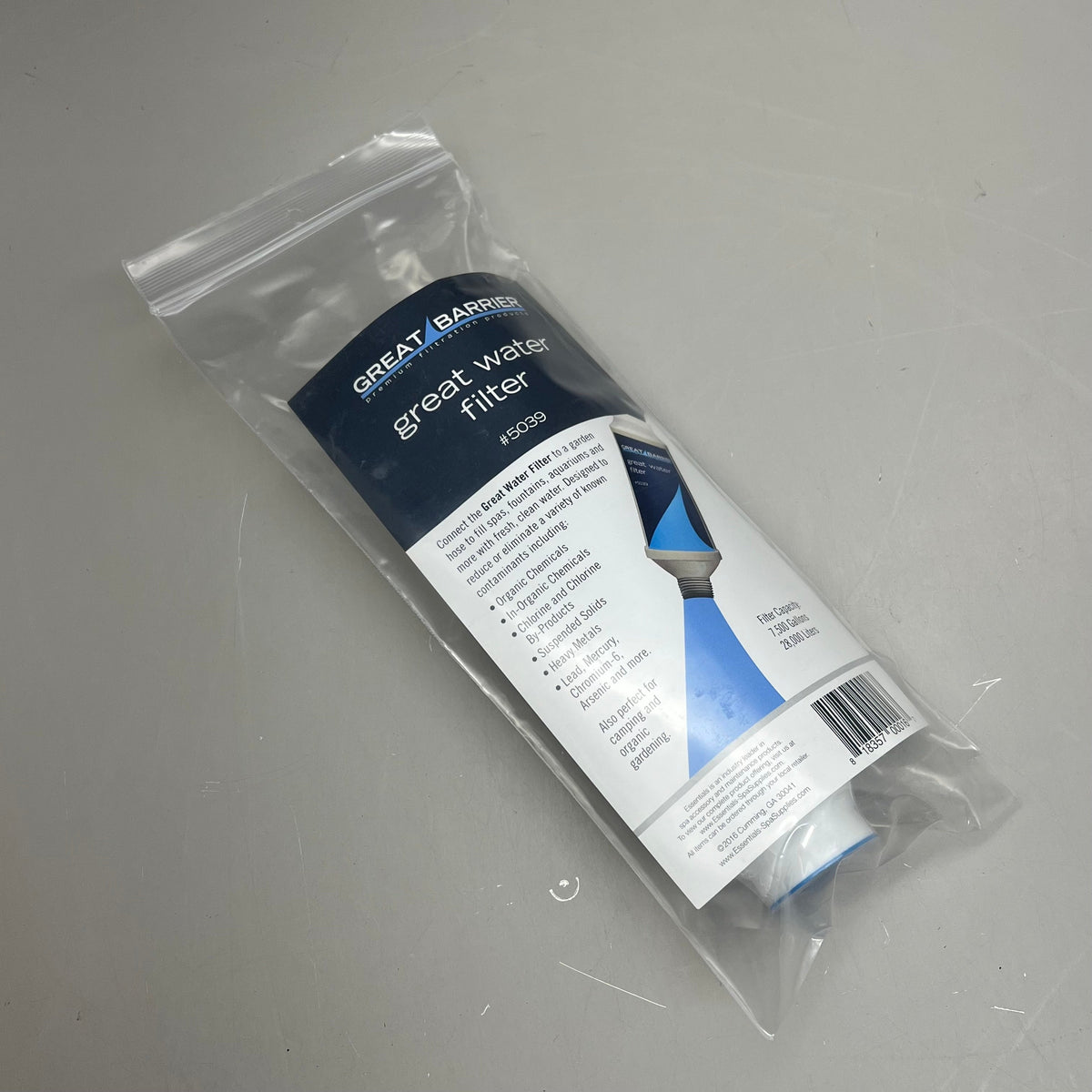Great Barrier water filter in a clear bag with printed product insert