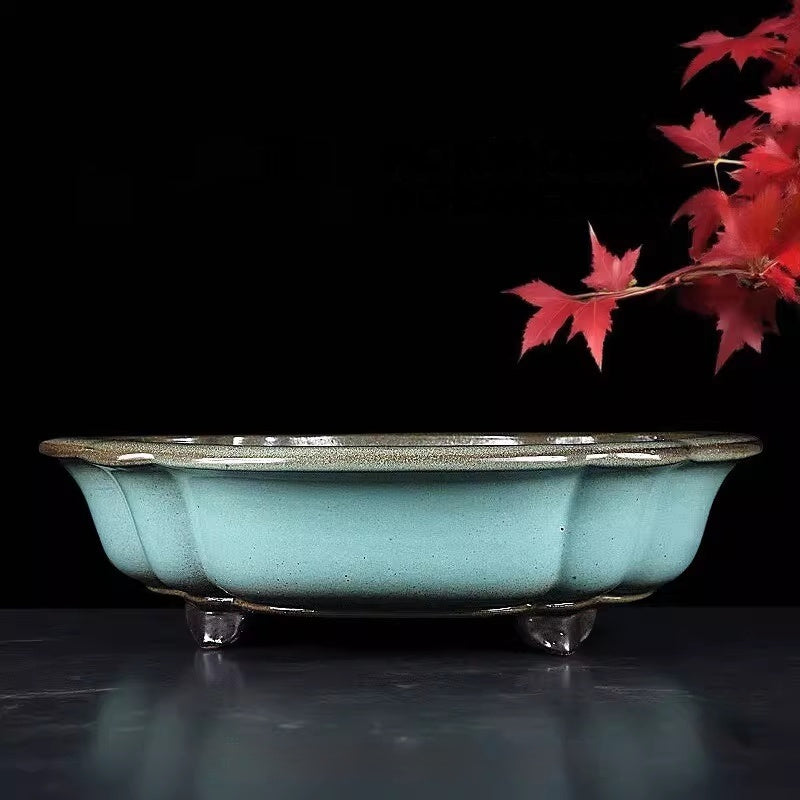 Large light-green glazed mokko Yixing bonsai pot