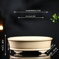 Large ivory oval bonsai pot with decorative feet and exterior and interior measurement arrows