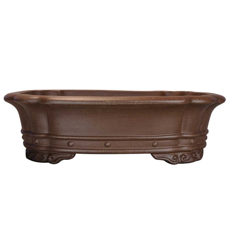 Front profile of brown lobed pot showing banded sides and curled feet