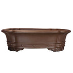 Front profile of brown lobed pot showing banded sides and curled feet