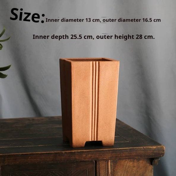 Tall ochre square pot with interior and exterior measurement labels