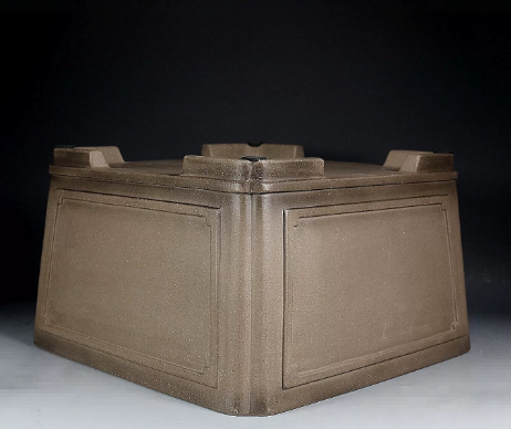 Upside-down taupe square pot showing framed sides and corner feet