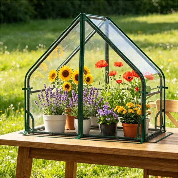 Compact mini greenhouse on a garden bench