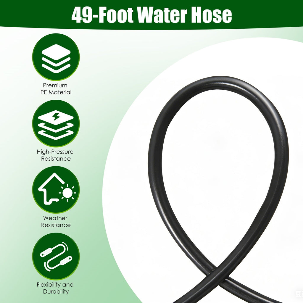 Hose graphic labeled 49-foot water hose with material and durability icons