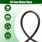 Hose graphic labeled 49-foot water hose with material and durability icons