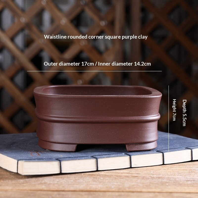 Brown rounded square pot with exterior and interior measurement labels