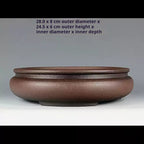 Front view of the brown round pot with size annotations