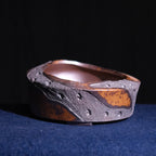 11.6" Oval Yixing Zisha Clay Bonsai Pot - Wood-Fired, Asymmetric Rim — front view with asymmetric rim