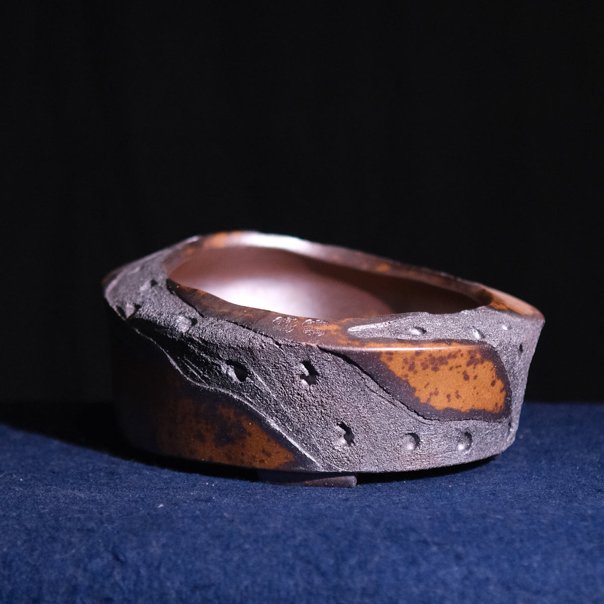 11.6" Oval Yixing Zisha Clay Bonsai Pot - Wood-Fired, Asymmetric Rim — front view with asymmetric rim