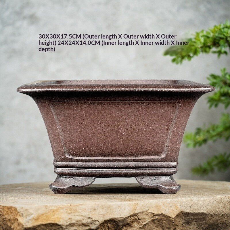 Deep square brown Yixing bonsai pot with supplier dimensions
