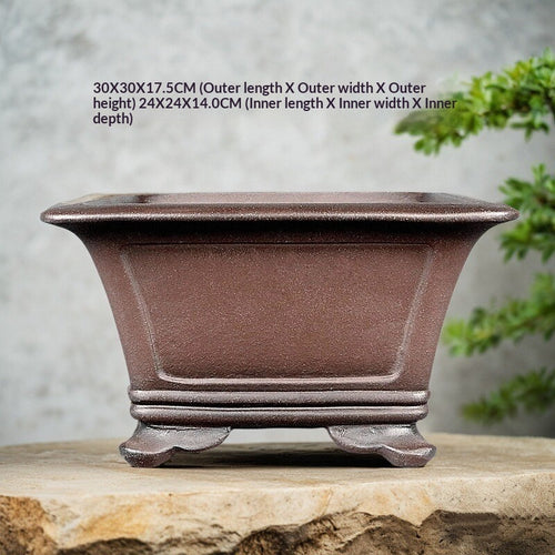 Deep square brown Yixing bonsai pot with supplier dimensions