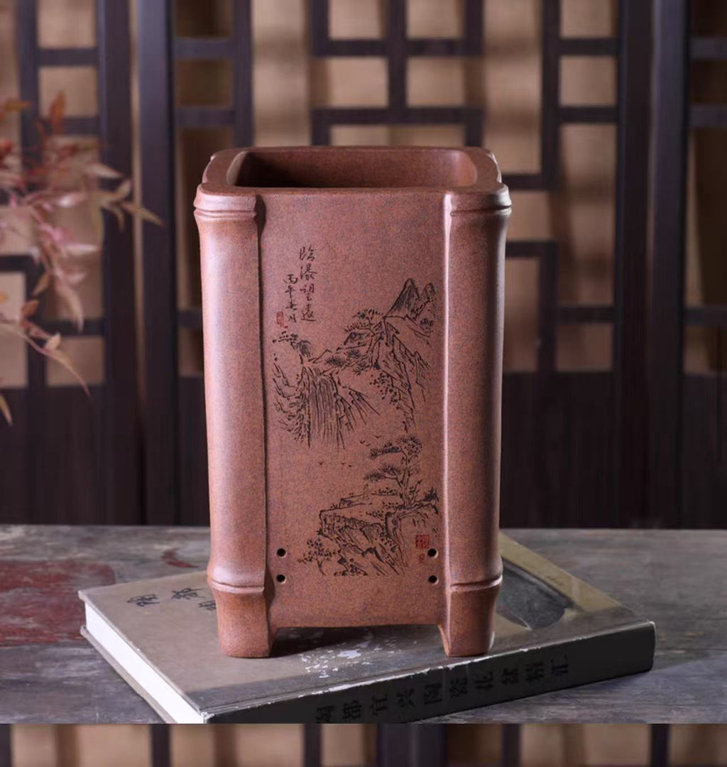 Landscape-decorated panel on the tall square bonsai pot
