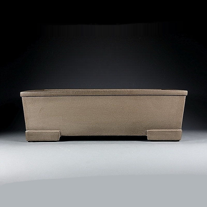 Taupe rectangular bonsai pot with straight walls and block feet