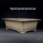 Angled taupe rectangular pot with exterior size labels