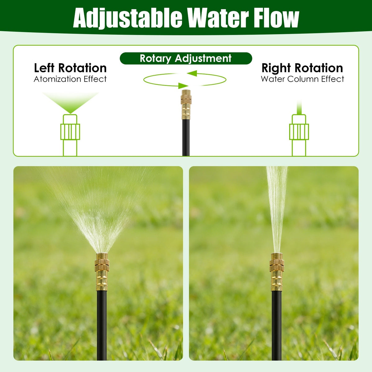 Nozzle adjustment graphic comparing a mist spray with a narrow water stream