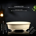 Ivory oval bonsai pot with decorative feet and exterior and interior measurement arrows