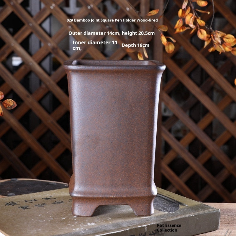 Tall brown square pot with exterior and interior measurement labels