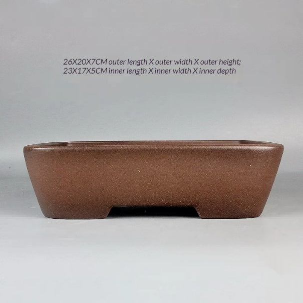 Front view of the brown rectangular pot with size labels
