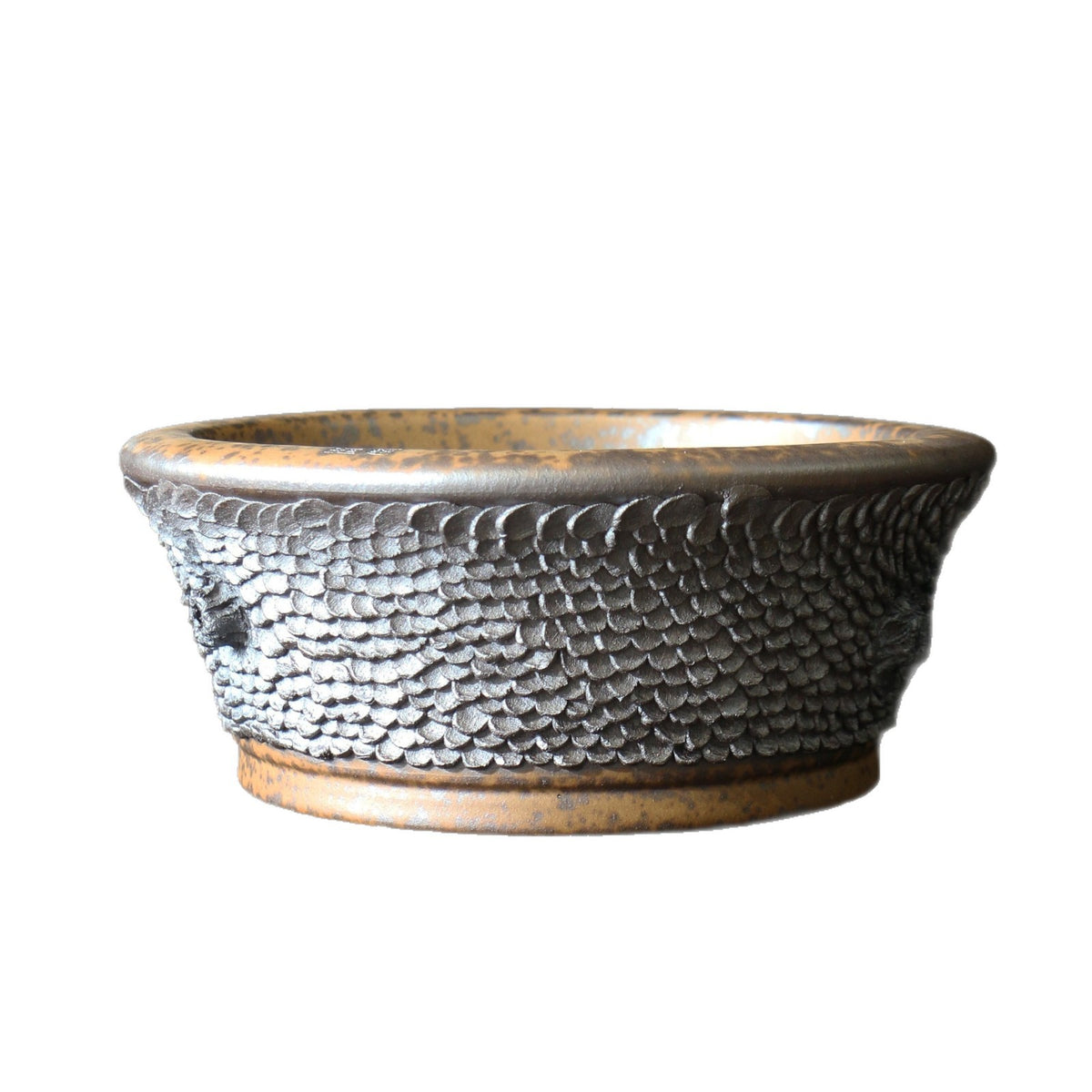 Side view of round bonsai pot with raised scale texture and amber base