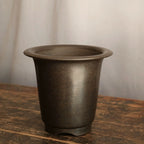 Tall dark round bonsai pot with flared rim and notched base