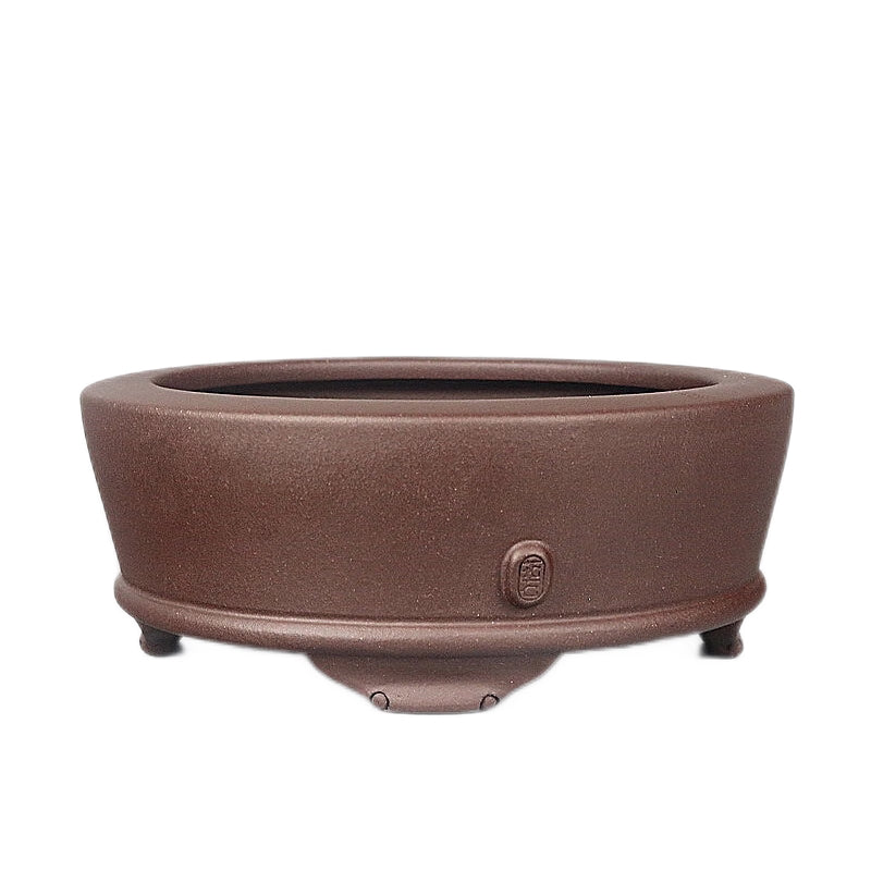Brown round purple-clay bonsai pot on white background