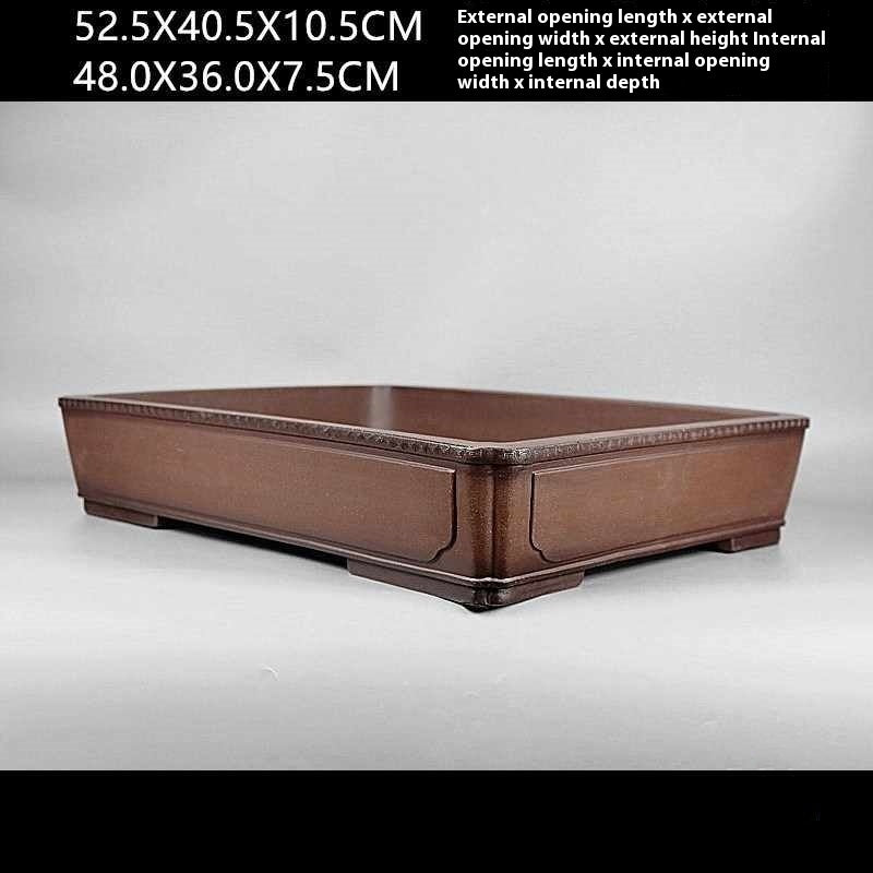 Angled brown rectangular bonsai pot with measurement labels above