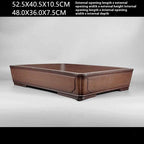 Angled brown rectangular bonsai pot with measurement labels above