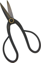 Black long-handled bonsai scissors with pointed open blades