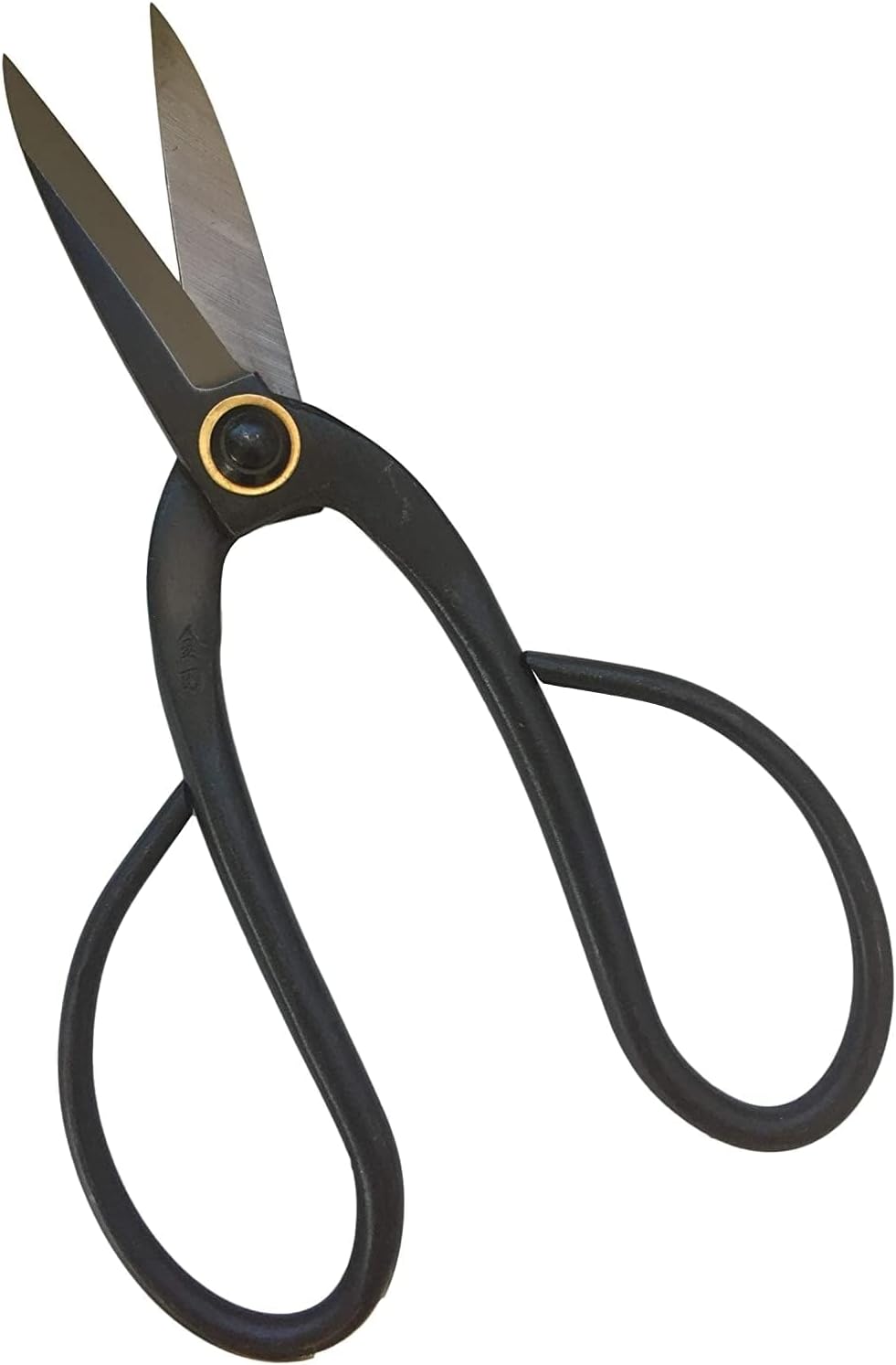 Black long-handled bonsai scissors with pointed open blades
