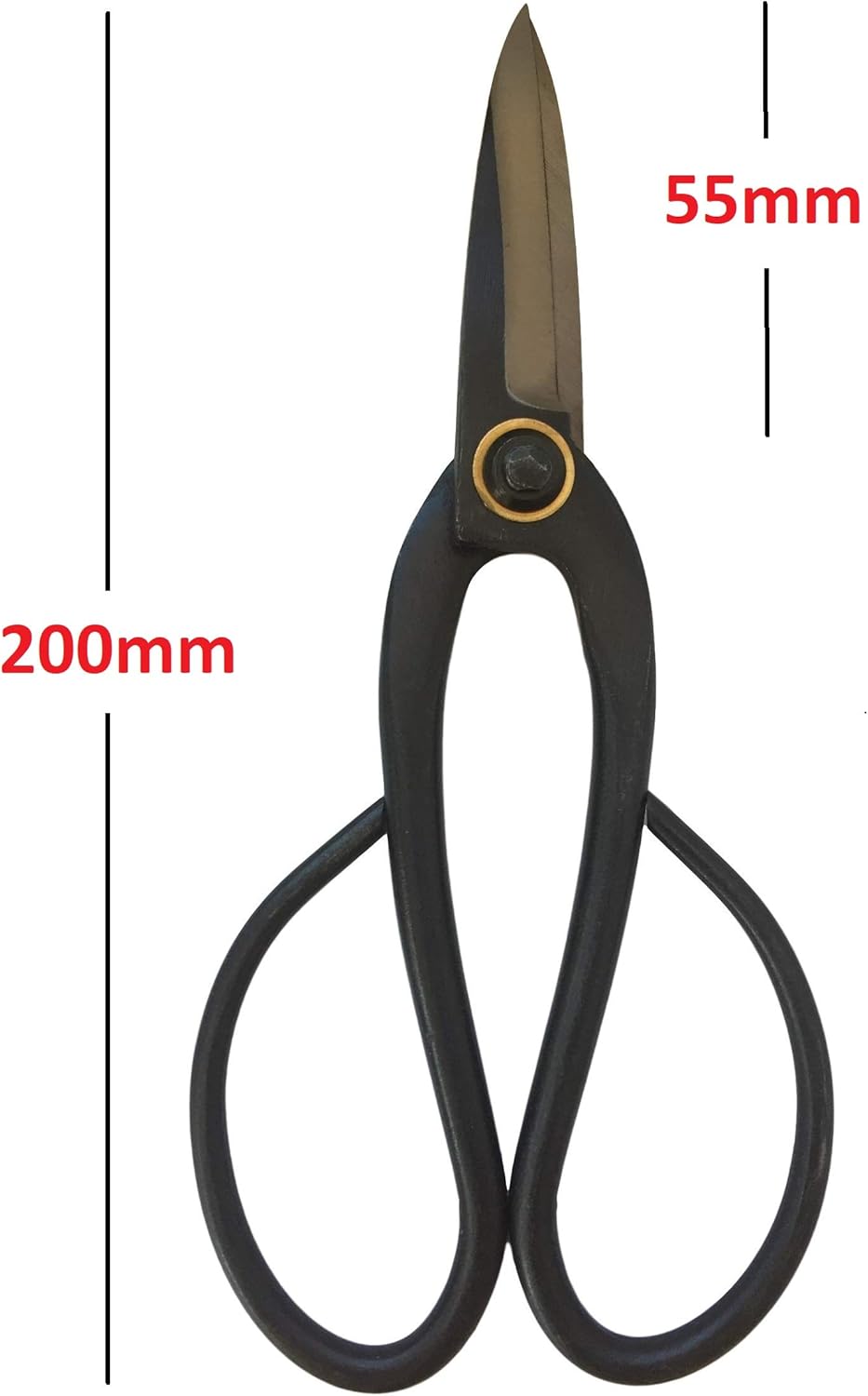 Scissors dimension diagram labeled 200 mm overall and 55 mm blade