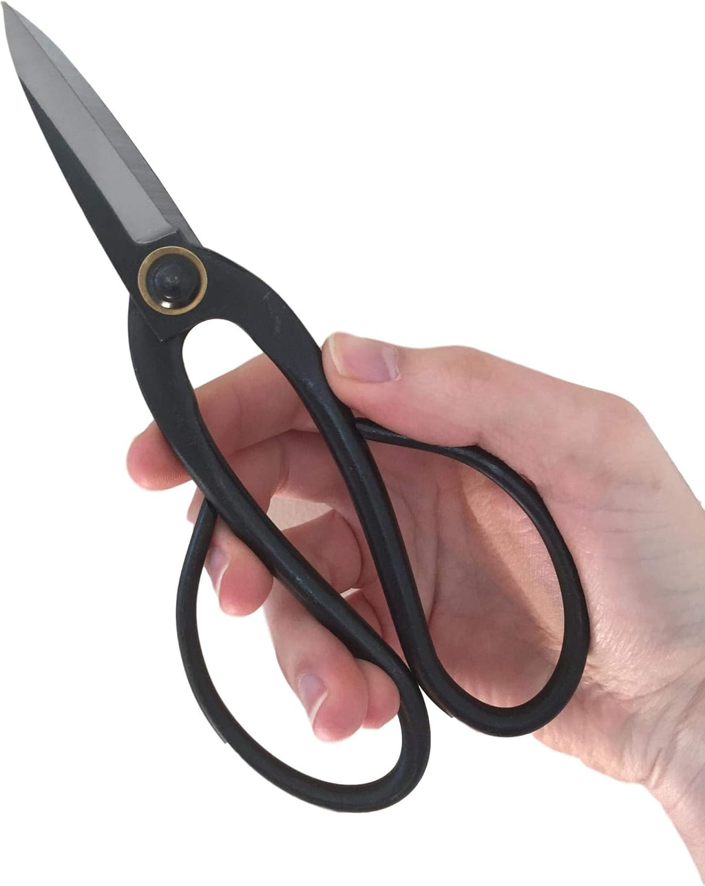 Hand holding long black bonsai scissors with large loop handles