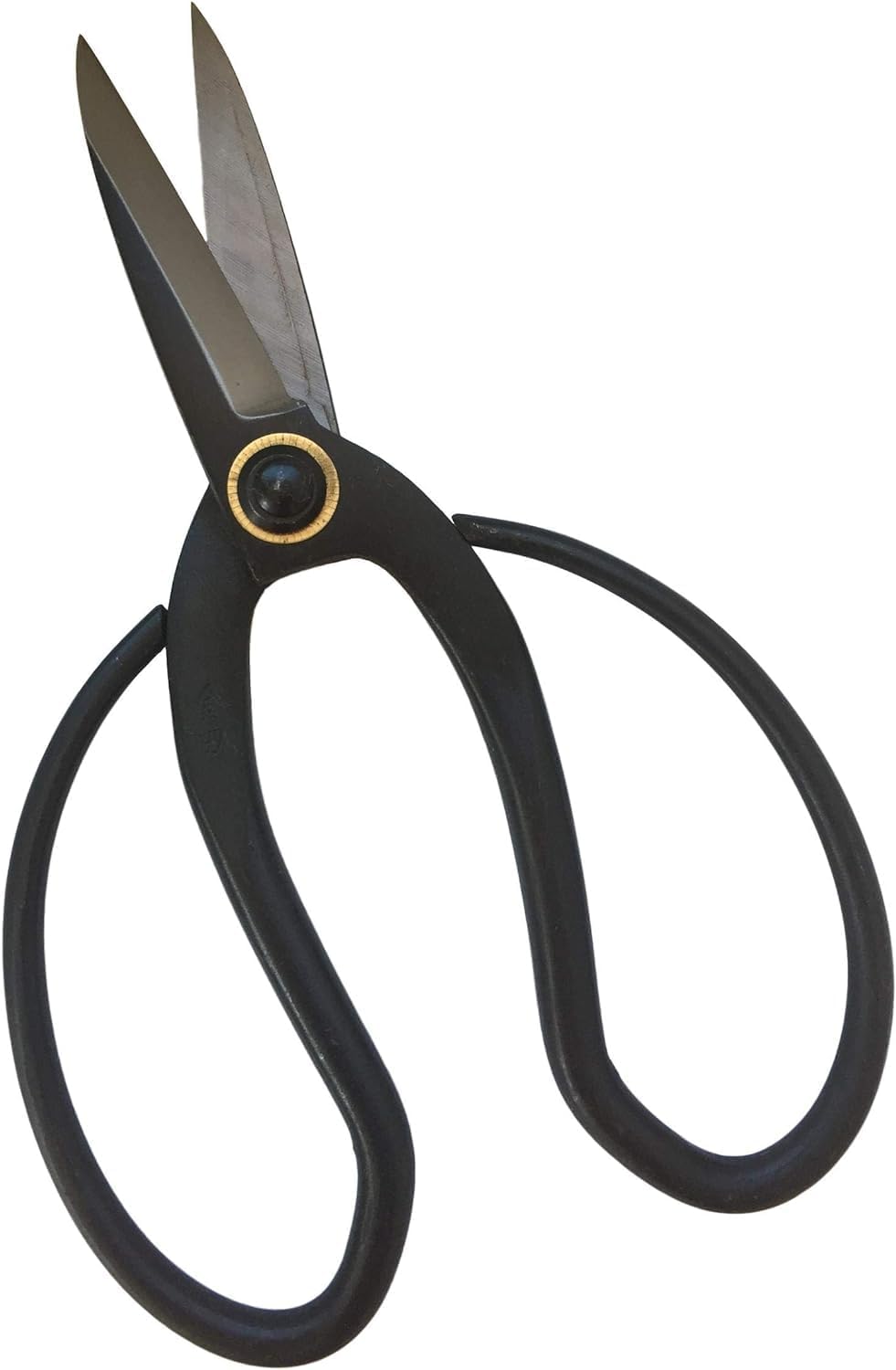Black bonsai scissors with large loop handles and open pointed blades
