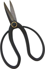Black bonsai scissors with large loop handles and open pointed blades