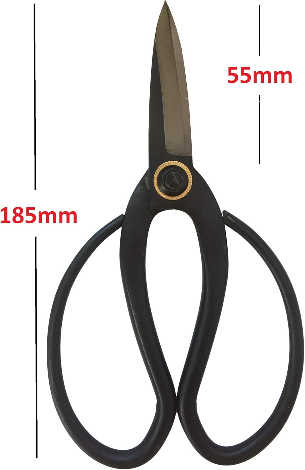 Scissors dimension diagram labeled 185 mm overall and 55 mm blade
