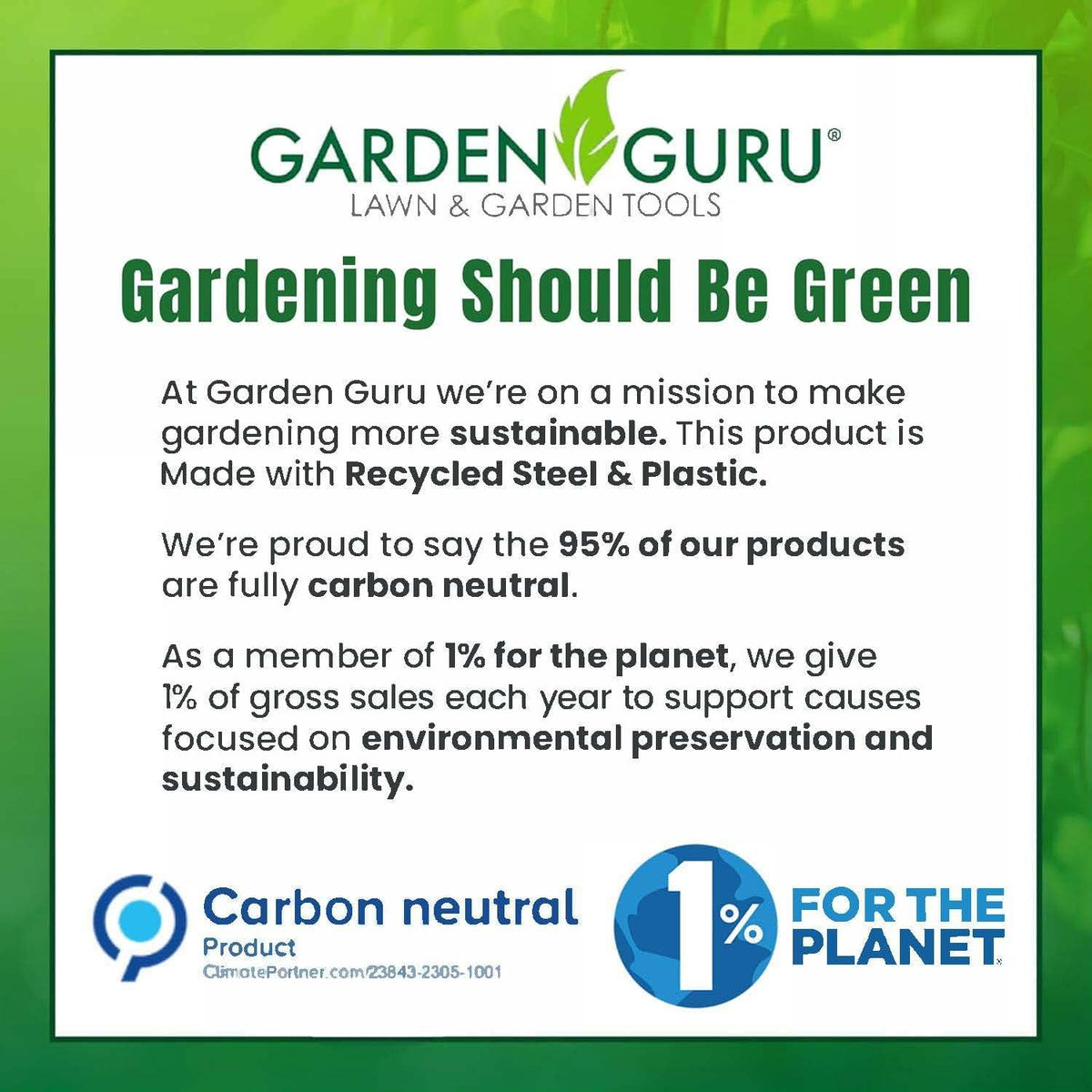 Garden Guru promotional graphic about recycled materials and sustainability