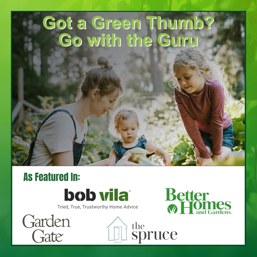 Garden Guru promotional graphic showing a gardening family and publication logos