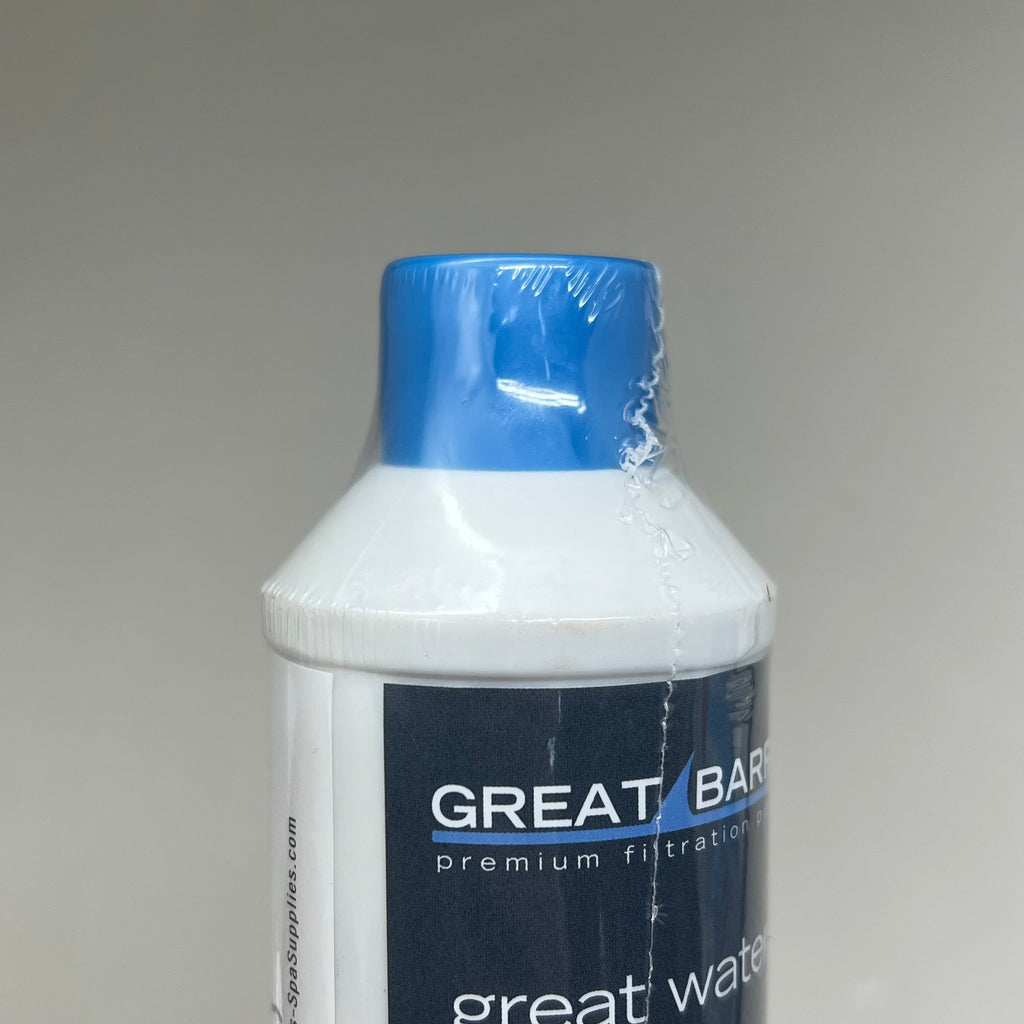 Close-up of the filter's blue protective cap and white neck