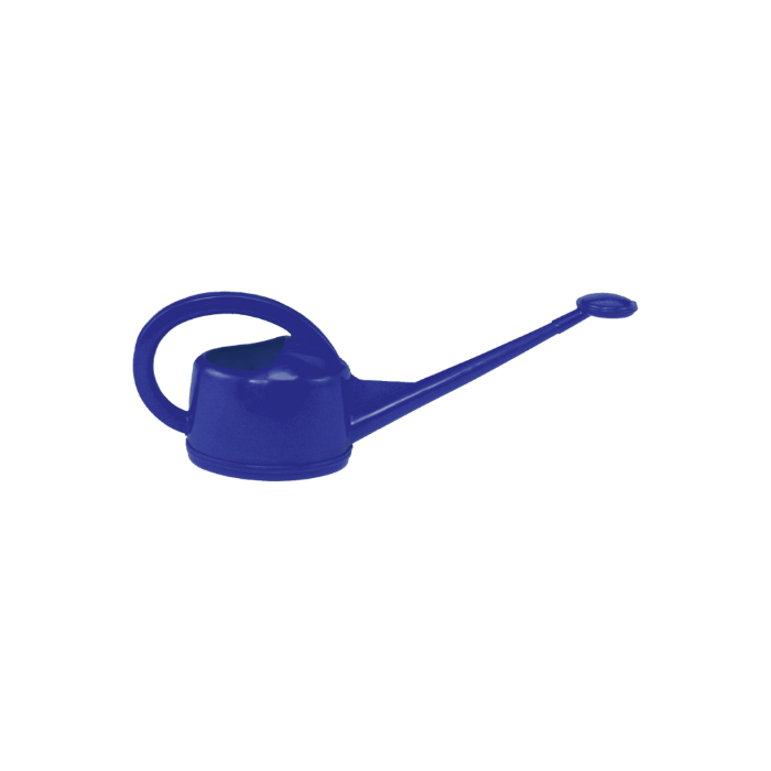 Blue watering can with a long narrow spout, small rose and large curved handle