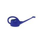 Blue watering can with a long narrow spout, small rose and large curved handle