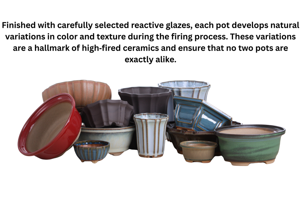 Pottery collection graphic with assorted glazed pots and text explaining variation in reactive glaze finishes