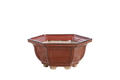 Rust-red hexagonal bonsai pot with recessed panels, flared rim and short feet