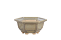 Pale olive-gray hexagonal bonsai pot with recessed side panels, a flared rim and short feet