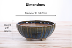 Dimension graphic of the blue-green round fluted bonsai pot labeled 6-inch diameter and 2.5-inch height