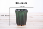 Dimension graphic of the dark green tall fluted bonsai pot labeled 3-inch width and 3.375-inch height