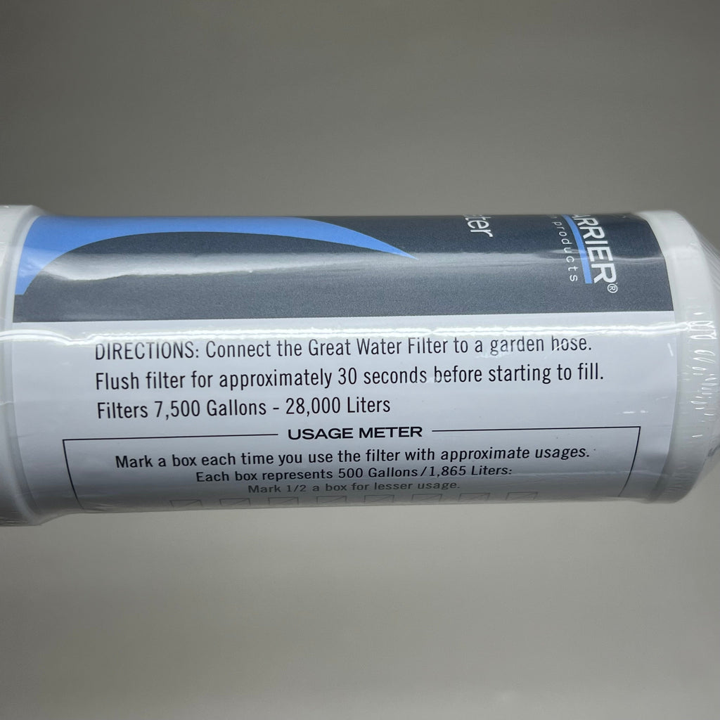 Filter label close-up showing connection directions and a usage-meter checklist