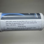 Filter label close-up showing connection directions and a usage-meter checklist