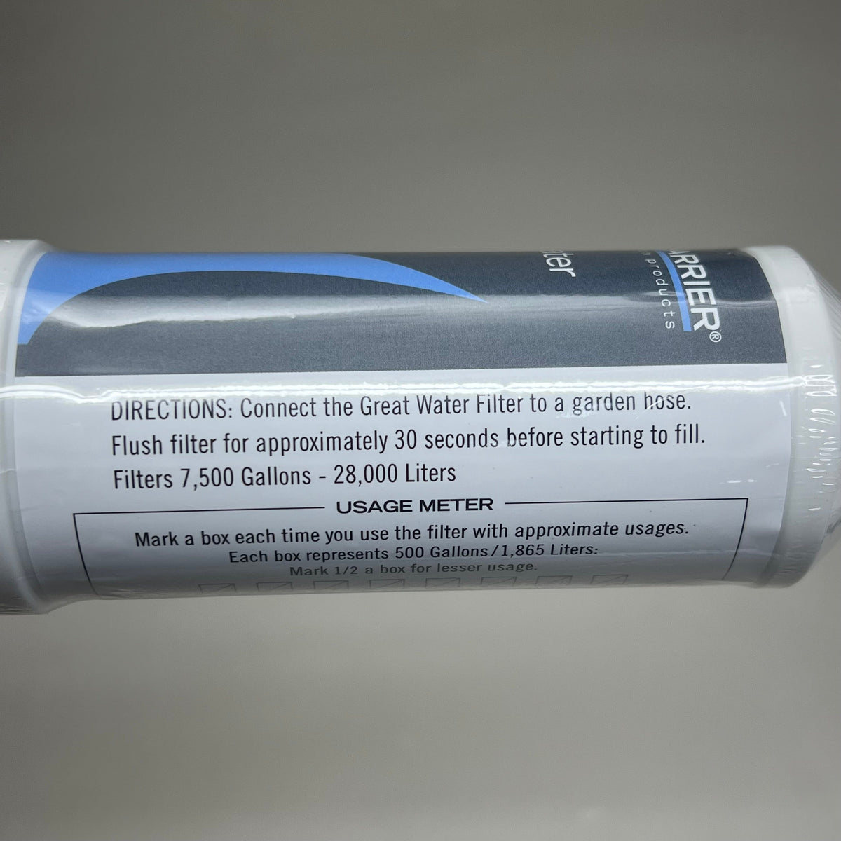Filter label close-up showing connection directions and a usage-meter checklist