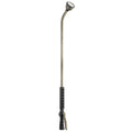 Long metal watering wand with angled shower head, black grip and front trigger
